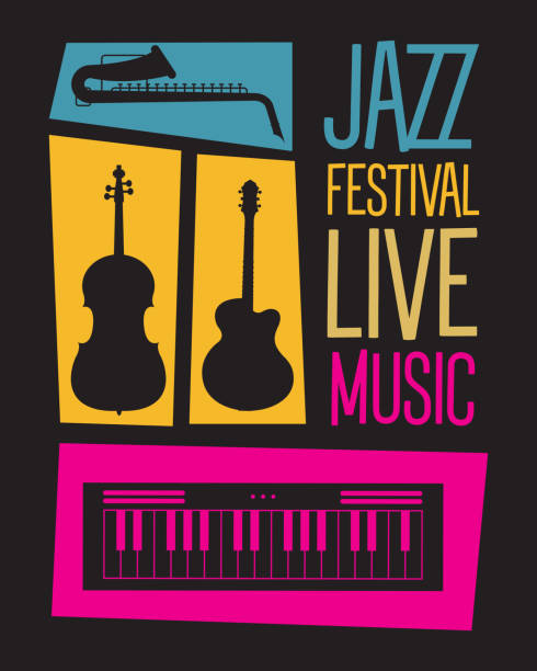 jazzfestival-plakat mit instrumenten und schriftzug - bass guitar stock-grafiken, -clipart, -cartoons und -symbole