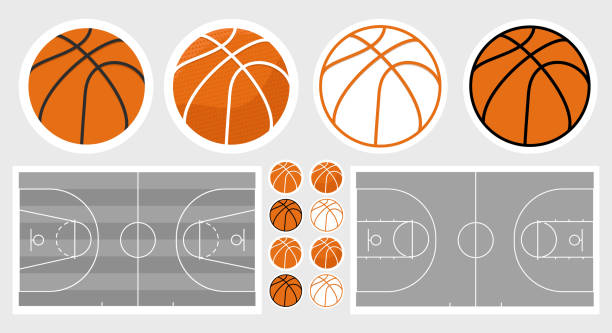 basketballfeld und ballset. basketball-aufkleber - basketball stock-grafiken, -clipart, -cartoons und -symbole