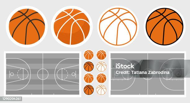 Basketball Field And Ball Set Basketball Stickers - Arte vetorial de stock e mais imagens de Basquetebol - Basquetebol, Vetor, Quadra desportiva