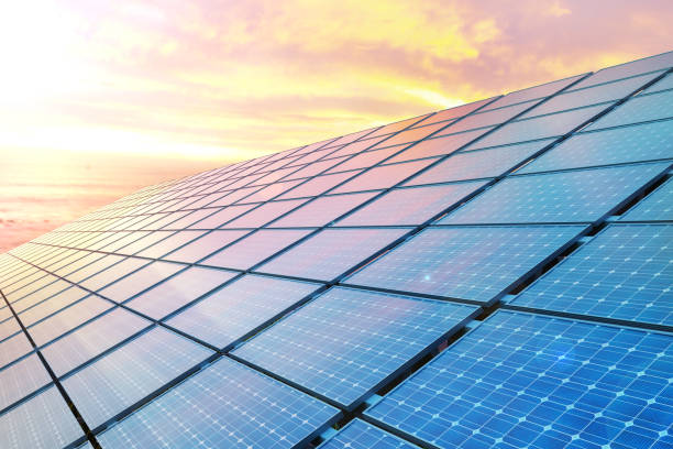 colse up solar panels on sunset. 3d illustration