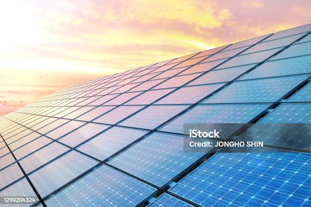 Colse Up Solar Panels On Sunset 3d Illustration Stock Photo - Download Image Now - Solar Panel, Solar Energy, Sun