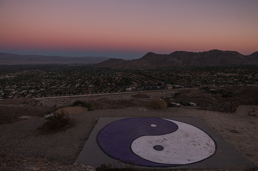 Sunset view from the Coachella Valley Home Stead Hike with a meditation platform.