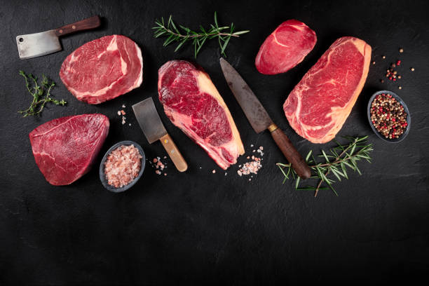 istock Meat banner with copy space. Different beef steaks, shot from the top 1290208354