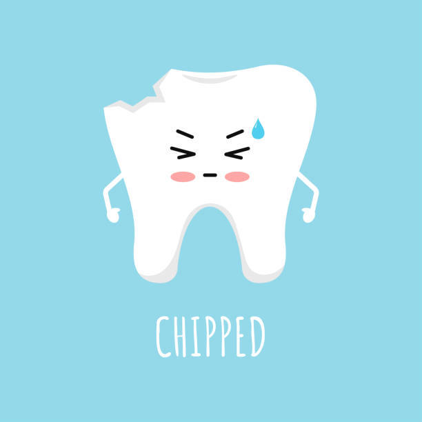 Chipped tooth icon isolated on blue background. Chipped tooth icon isolated on blue background. Broken teeth with problem treatment concept. Flat cartoon sad dentistry character vector illustration. Dental health care design element. peeling off stock illustrations