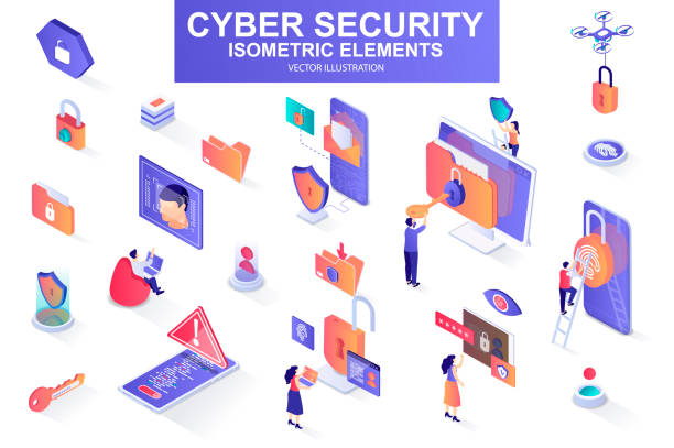 Cyber security bundle of isometric elements. Fingerprint scanner, padlock, password, firewall, data folder, electronic security key isolated icons. Isometric vector illustration kit Cyber security bundle of isometric elements. Fingerprint scanner, padlock, password, firewall, data folder, electronic security key isolated icons. Isometric vector illustration with people characters cybersecurity stock illustrations