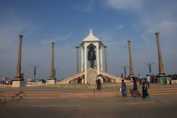 Pondicherry, India -May 11,2014 : Unidentified people visiting the Mahatma Gandhi Statue located in the beach in Pondicherry, India
