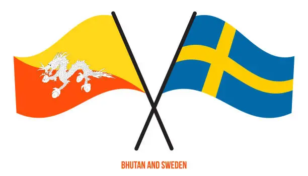 Vector illustration of Bhutan and Sweden Flags Crossed And Waving Flat Style. Official Proportion. Correct Colors.