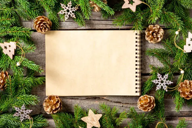Photo of Christmas or New year holiday background with an open blank Notepad, fir branches and traditional Christmas decorations. A checklist or a letter to Santa. Christmas business greeting card. Copyspace