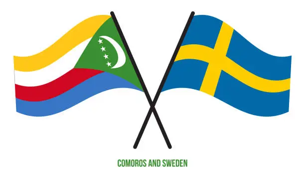 Vector illustration of Comoros and Sweden Flags Crossed And Waving Flat Style. Official Proportion. Correct Colors.