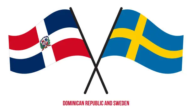 Vector illustration of Dominican Republic and Sweden Flags Crossed And Waving Flat Style. Official Proportion.