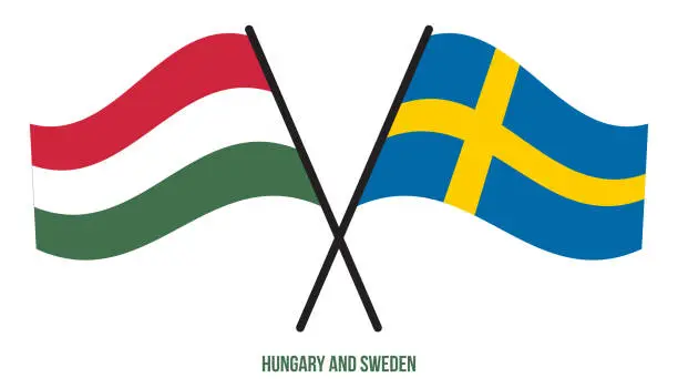Vector illustration of Hungary and Sweden Flags Crossed And Waving Flat Style. Official Proportion. Correct Colors.