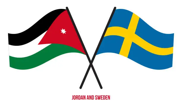 Vector illustration of Jordan and Sweden Flags Crossed And Waving Flat Style. Official Proportion. Correct Colors.