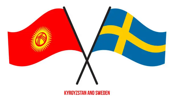 Vector illustration of Kyrgyzstan and Sweden Flags Crossed And Waving Flat Style. Official Proportion. Correct Colors.
