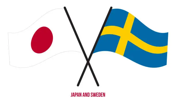 Vector illustration of Japan and Sweden Flags Crossed And Waving Flat Style. Official Proportion. Correct Colors.