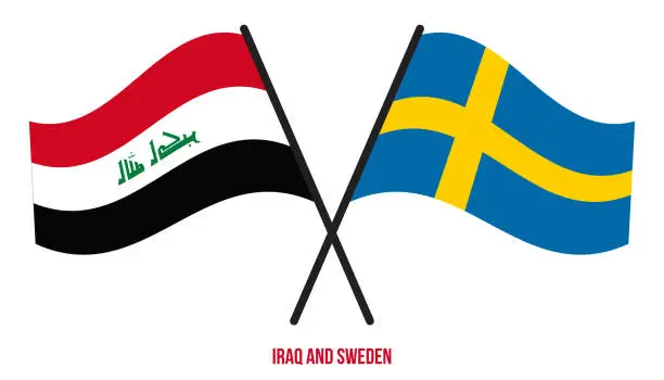 Vector illustration of Iraq and Sweden Flags Crossed And Waving Flat Style. Official Proportion. Correct Colors.