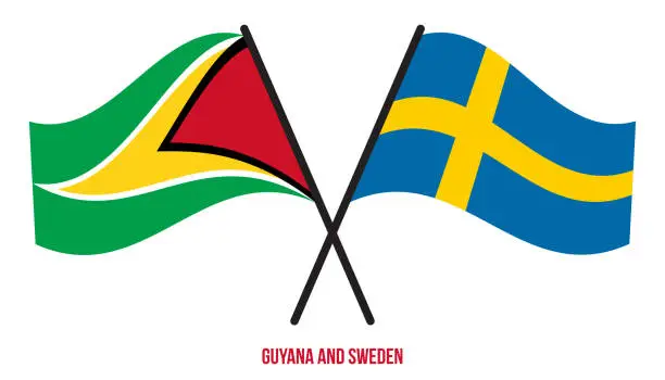 Vector illustration of Guyana and Sweden Flags Crossed And Waving Flat Style. Official Proportion. Correct Colors.