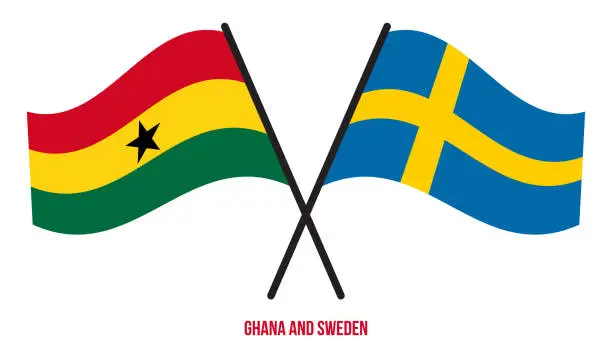 Vector illustration of Ghana and Sweden Flags Crossed And Waving Flat Style. Official Proportion. Correct Colors.