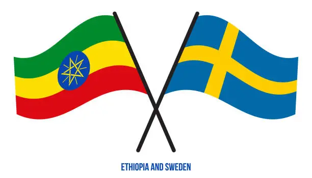 Vector illustration of Ethiopia and Sweden Flags Crossed And Waving Flat Style. Official Proportion. Correct Colors.