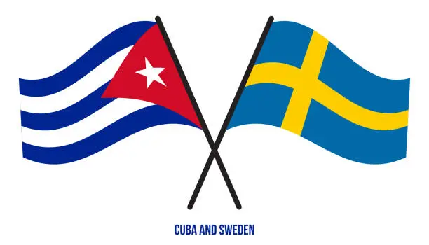 Vector illustration of Cuba and Sweden Flags Crossed And Waving Flat Style. Official Proportion. Correct Colors.