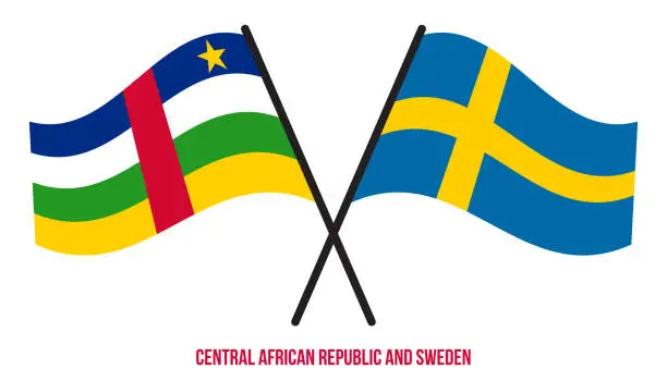 Vector illustration of Central African Republic and Sweden Flags Crossed And Waving Flat Style. Official Proportion.