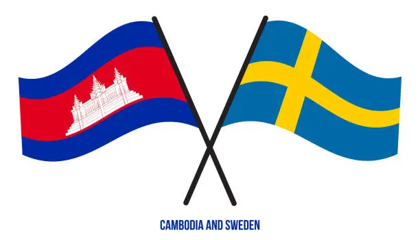 Vector illustration of Cambodia and Sweden Flags Crossed And Waving Flat Style. Official Proportion. Correct Colors.