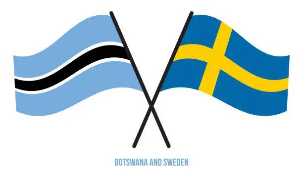 Vector illustration of Botswana and Sweden Flags Crossed And Waving Flat Style. Official Proportion. Correct Colors.