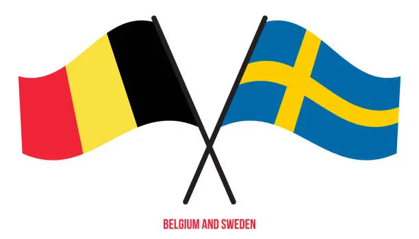 Vector illustration of Belgium and Sweden Flags Crossed And Waving Flat Style. Official Proportion. Correct Colors.