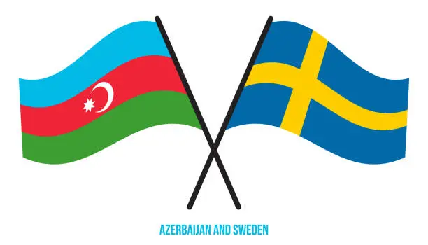 Vector illustration of Azerbaijan and Sweden Flags Crossed And Waving Flat Style. Official Proportion. Correct Colors.