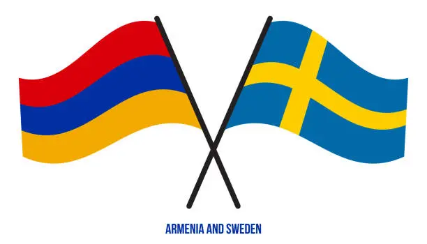 Vector illustration of Armenia and Sweden Flags Crossed And Waving Flat Style. Official Proportion. Correct Colors.