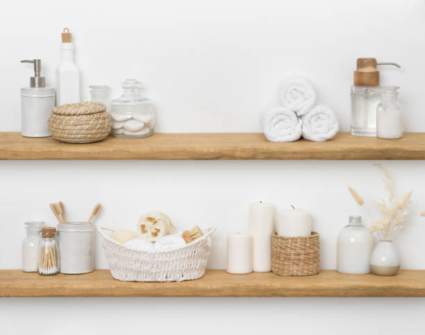 Spa accessories on shelves with copy space for product display