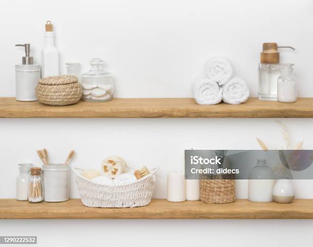 Spa Accessories On Shelves With Copy Space For Product Display Stock Photo - Download Image Now