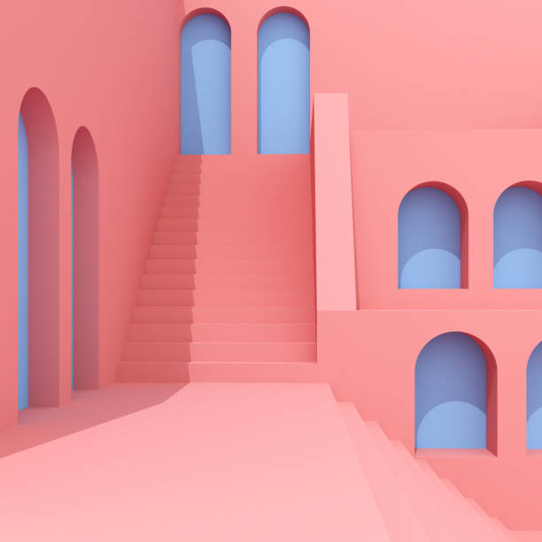 istock 3D Illustration of minimal architecture, Abstract building with stairs. 1290228032