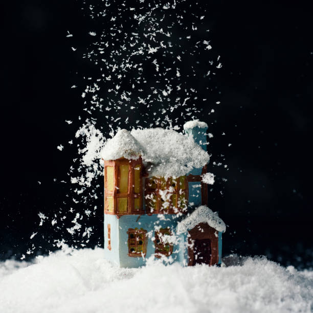 toy house on the snow - fake snow imagens e fotografias de stock