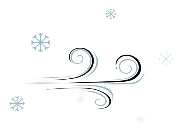 Isolated vector composition consisting of wind and flying snowflakes in cartoon style This illustration is perfect for stickers, web sites, weather forecast sites, social media, large icons, and more wind stock illustrations