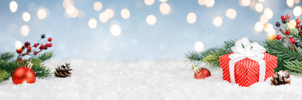 istock Red gift in the snow with new year decorations 1290228701