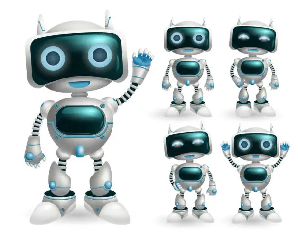 Vector illustration of Robot vector character set. Robotic characters in standing pose and gestures in modern design for toy robots game cartoon collection.