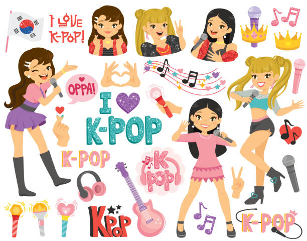 K-pop and Korean idols K-pop and Korean idols clipart set. Cartoon characters and symbols from the popular Korean music trend. korea singer stock illustrations