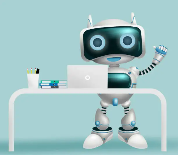 Vector illustration of Robot character information vector background design. Robotic 3d character help desk assistant standing for modern humanoid technology design.