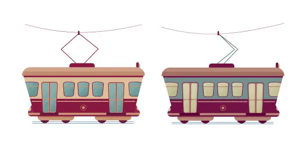 Vector illustration of Set of two cartoon retro trams.