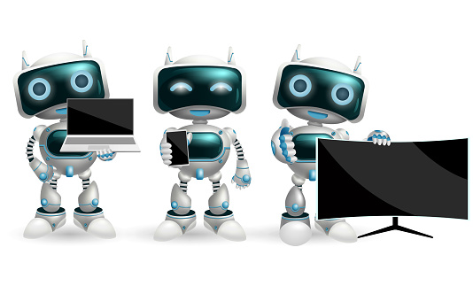 Robot characters vector set. Robotic character with modern devices like smartphone, television and laptop in holding and showing pose and gestures for technology device and robot design. Vector illustration.