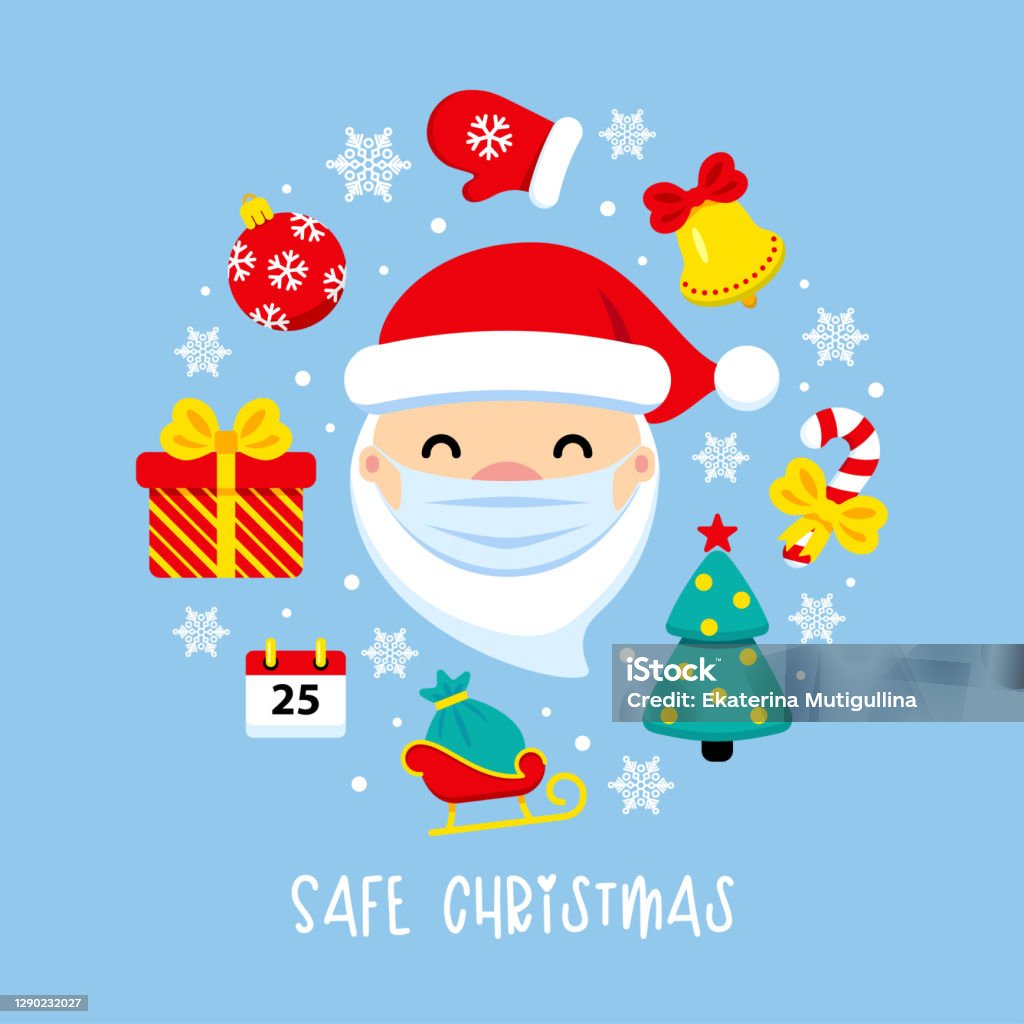 Veilige Kerst Corona Virus Banner De Kerstman Met Beschermend Masker En Pictogrammen Rond Covid19 Vrolijke Kerst Leuke Platte Vector Illustratie Pandemisch Coronavirus Nieuwjaar 2021 Stockvectorkunst En Meer Beelden Van 2020 - Istock