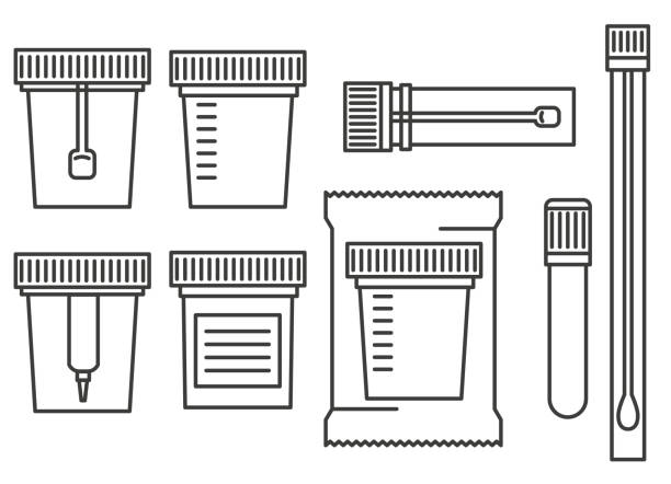 лабораторные испытания контейнеров. проверьте мочу, биоматериал, кала, сперму и кровь в пластиковых банках с крышками. иллюстрация вектора  - держатель образца stock illustrations