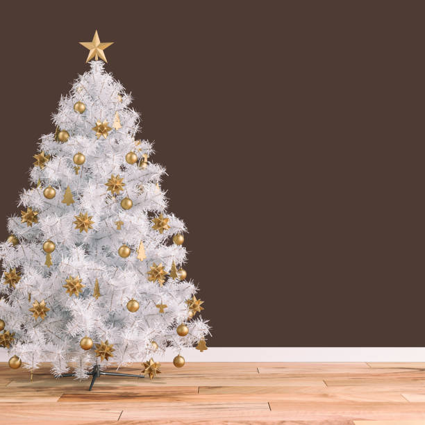 istock Empty simple living room with white Christmas tree on brown background 1290237624