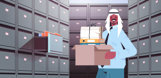 illustrations, cliparts, dessins animés et icônes de homme d’affaires arabe retenant la boîte en carton avec des documents dans le coffret de mur de classement avec le stockage ouvert d’archive de données de tiroir - darchive illustrations