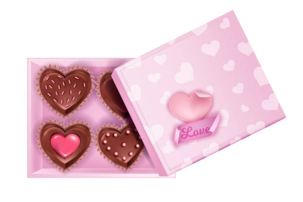 ilustrações de stock, clip art, desenhos animados e ícones de valentines day square opened chocolate candy box layout with heart-shaped sweets, cakes, lid. - february three dimensional shape heart shape greeting