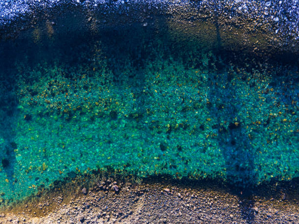 istock Birds eye view looking down on a clear emerald green and blue mountain river. 1290239692