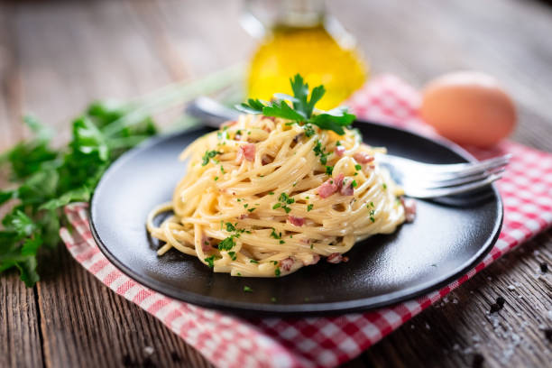 istock Spaghetti alla carbonara. Pasta with pancetta, egg, parmesan cheese and cream sauce. 1290240517