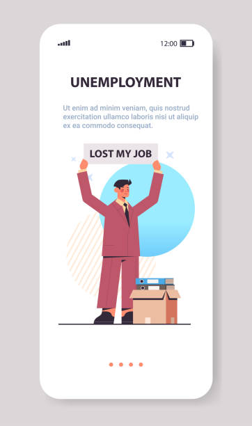 stockillustraties, clipart, cartoons en iconen met zakenman bedrijf verloor mijn baan poster werkloosheid concept smartphone scherm verticaal - lost phone