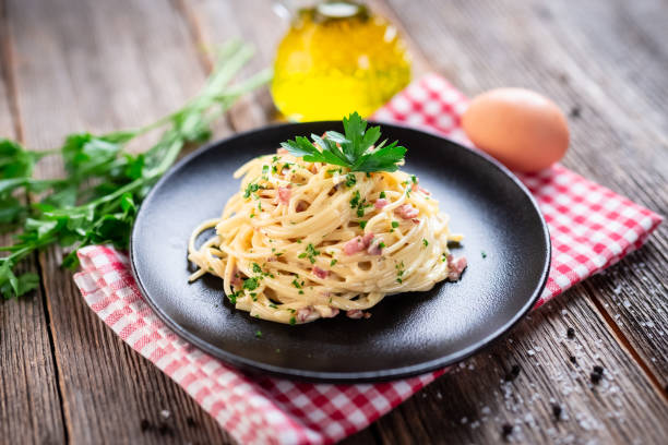 istock Spaghetti alla carbonara. Pasta with pancetta, egg, parmesan cheese and cream sauce.	Spaghetti alla carbonara. Pasta with pancetta, egg, parmesan cheese and cream sauce. 1290241250
