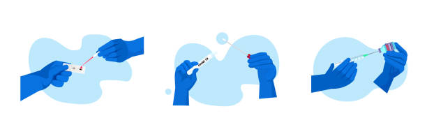 set doctors or scientists hands holding covid-19 nasal swab syringe and bottle vial and rapid test coronavirus pandemic set doctors or scientists hands holding covid-19 nasal swab laboratory test coronavirus pandemic concept horizontal vector illustration medical swab stock illustrations